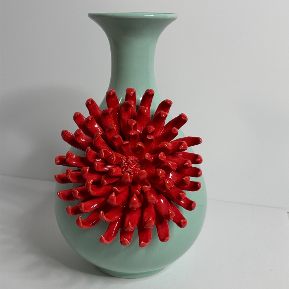 Anthropologie 3D Applied Chrysanthemum Vase Light Blue & Coral (approx 9.25โ) - Picture 14 of 16